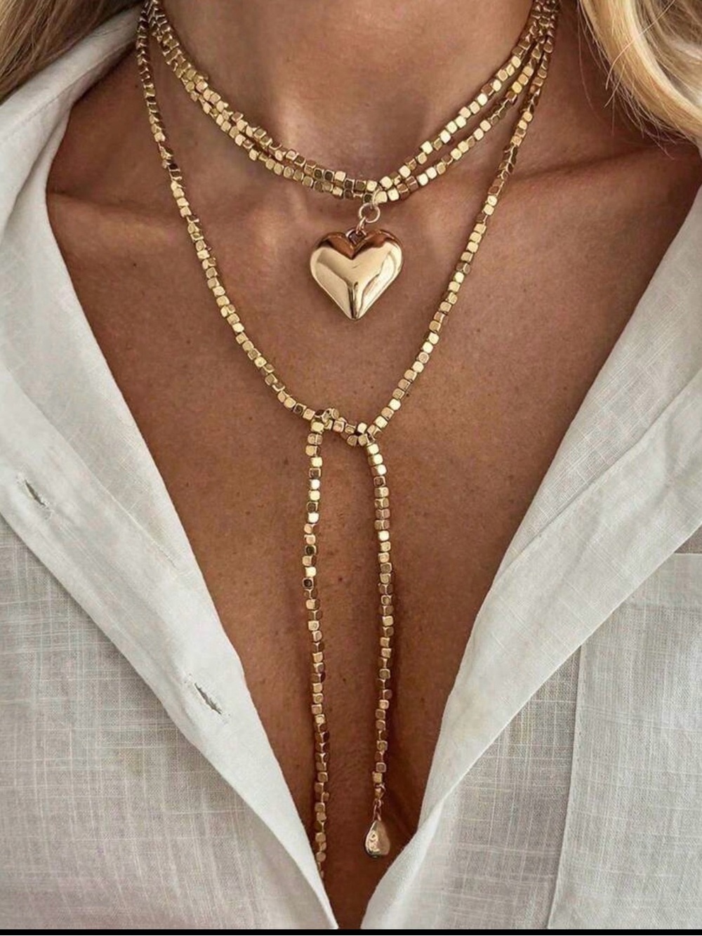 Gold Heart Layered Lariat Necklace - Women